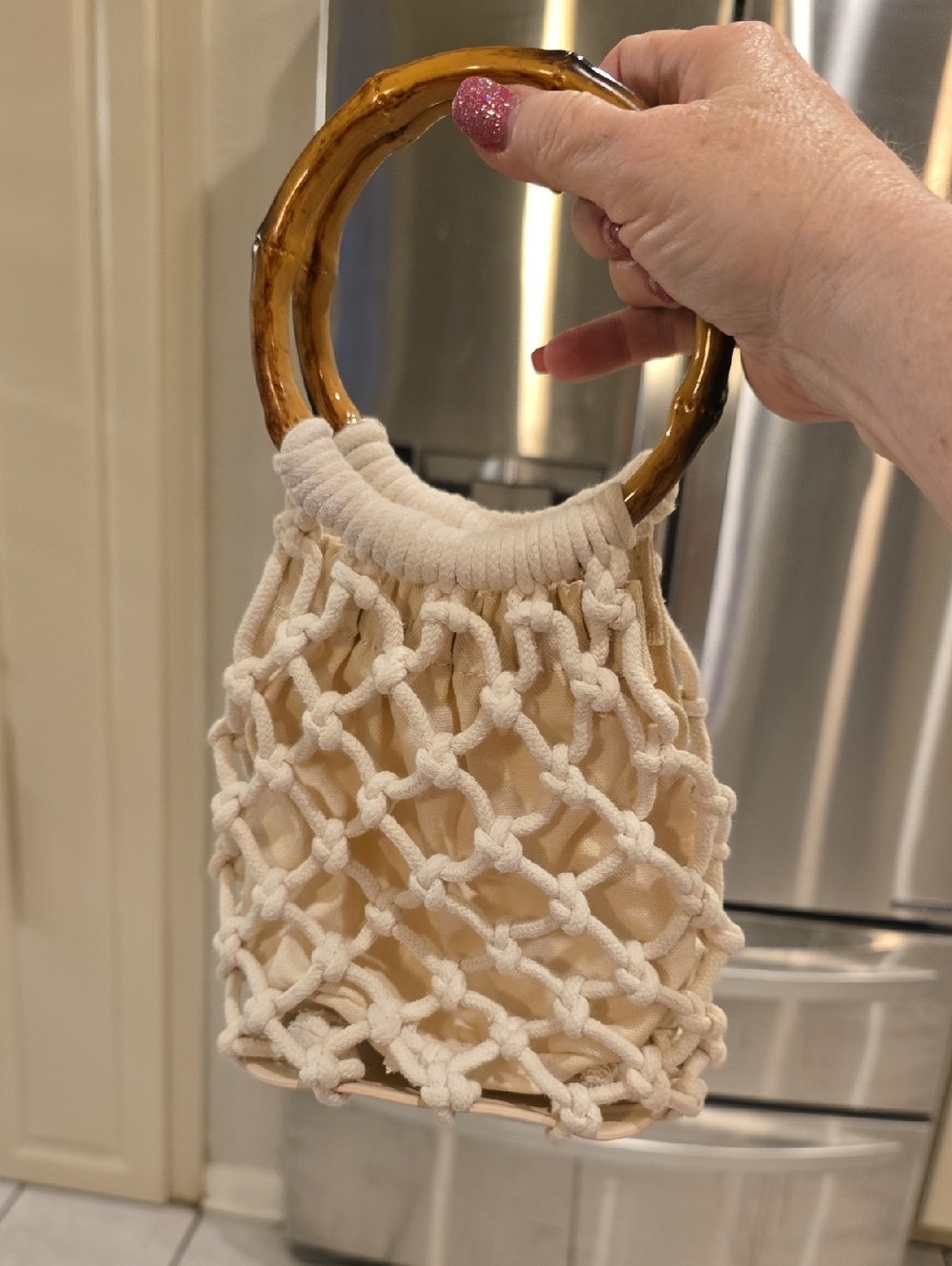 OLD NAVY VINTAGE Macrame Net Bag with Amber Resin Ring Handles - Cream
